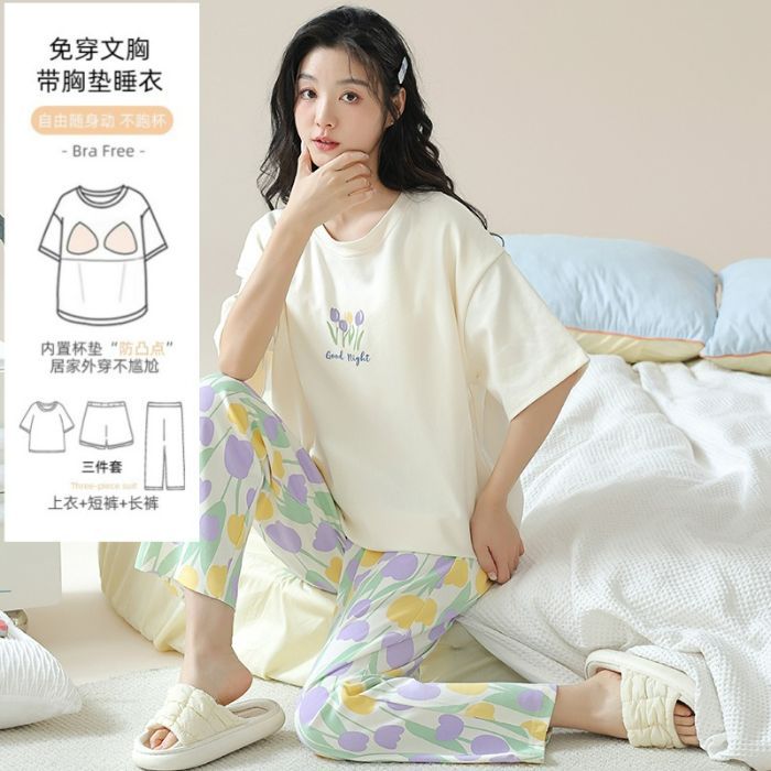 Pantalones de manga corta para mujer de verano, pantalones cortos, pijamas de cuello redondo de tres piezas, algodón de imitación, almohadillas para el pecho, estilo casual cómodo, suave y simple
