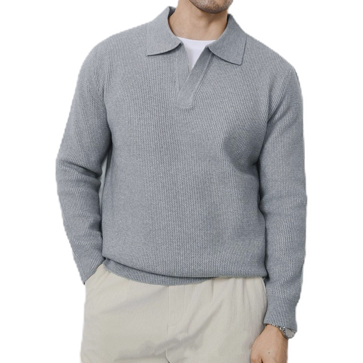 Explosiones transfronterizas de tamaño europeo tamaño grande polo collar V camiseta de punto suéter hombre viejo dinero viento gaviota fábrica de collar al por mayor