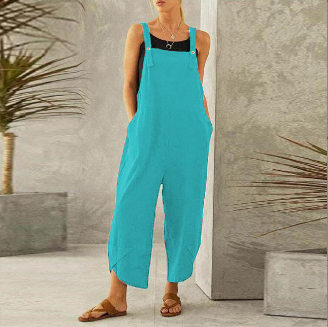 Tuta da donna ampia e larga, estiva, regolabile, in cotone e lino, tinta unita, pantaloni larghi, tute da donna oversize_voghion.com