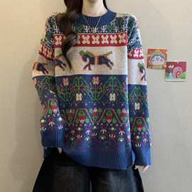 高级感复古提花毛衣女2025秋冬季新款慵懒风小众宽松圆领针织上衣