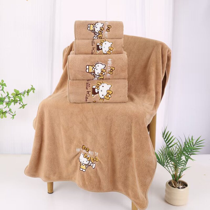 New Household Adult Cartoon Kt Cat Embroidered Towel Bath Towel Coral Velvet Soft Absorbent Quick-Drying Kidsren's Face Towel