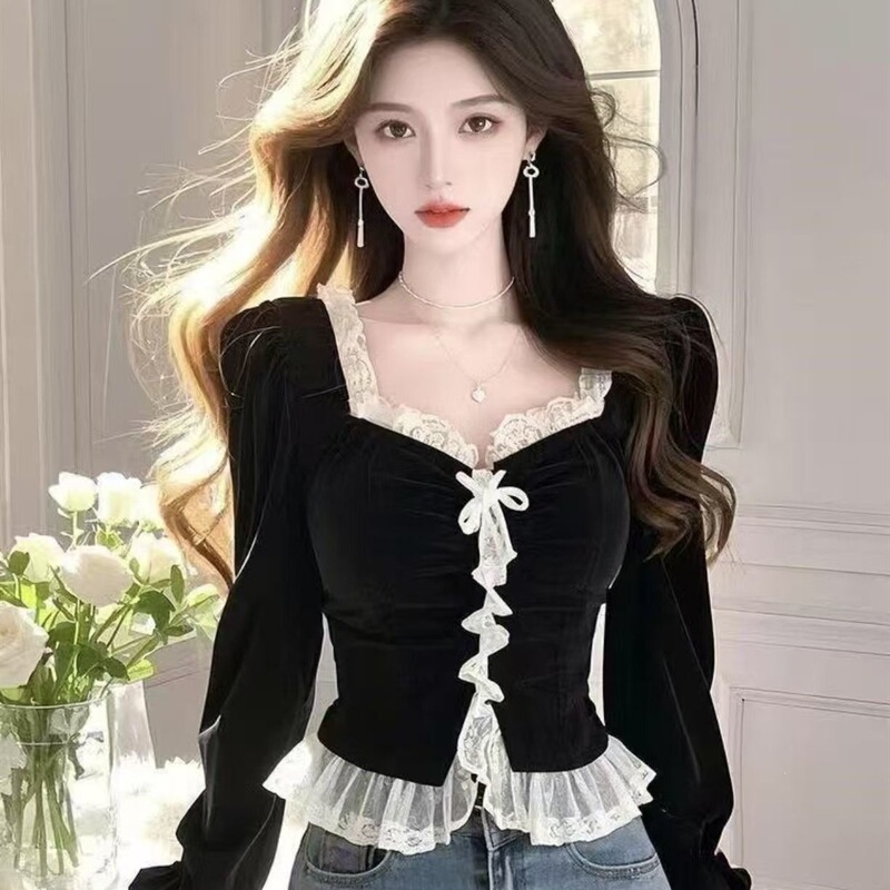 Purely Sexy and Fashionable New Style Black Velvet Lace-Trimmed Square-Neck Long-Sleeve Top for Women Purely Sexy and Fashionable New Style Black Velvet Lace-Trimmed Square-Neck Long-Sleeve Top for Women