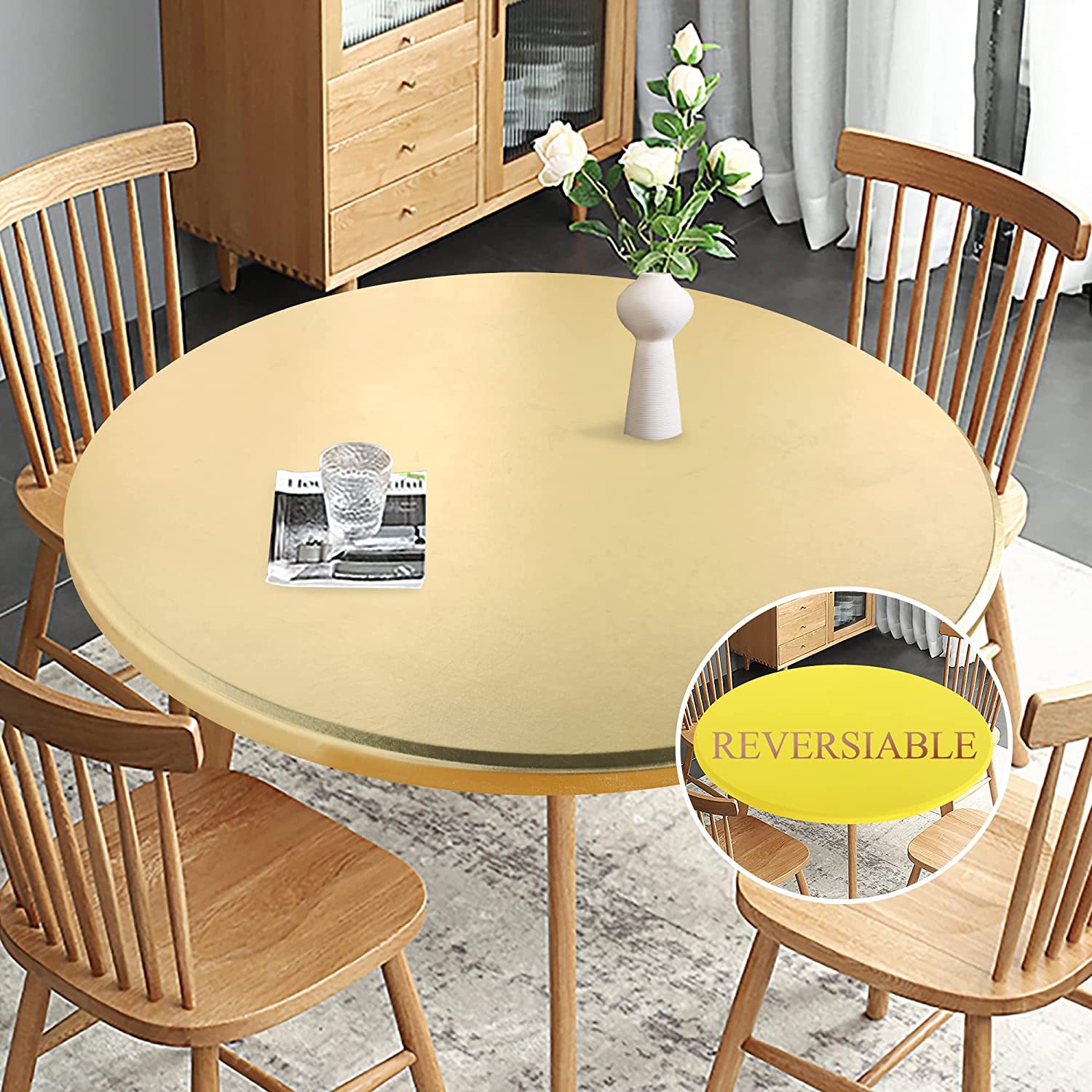 Cross-Border Dustproof, Waterproof, Oil-Proof and Anti-Slip Nordic Home European and North American Elastic White Black Round Tablecloth Cover Wholesale