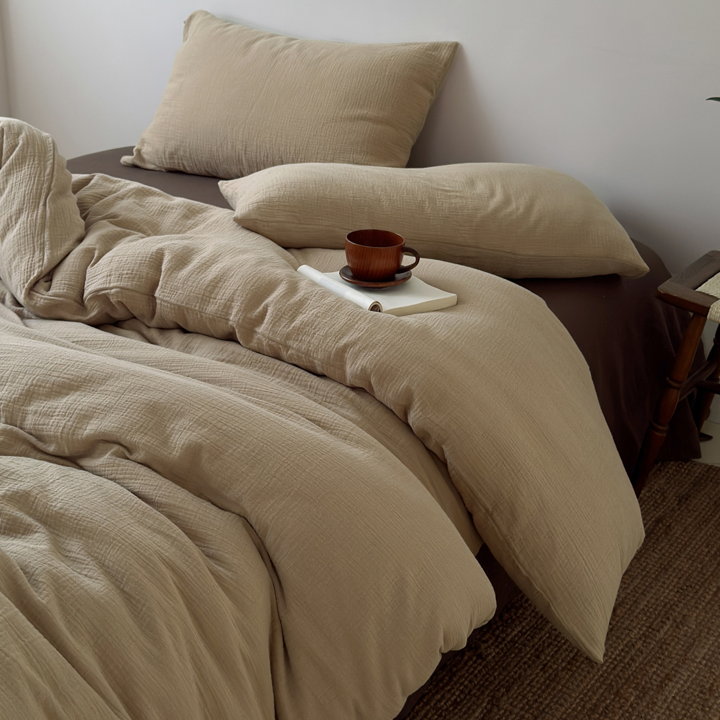 High-End A-Grade Maternal and Infant Double-Layer Wrinkled Gauze Quilt Cover Cotton Gauze Pure Color Pillowcase Mixed and Matched Japanese-Style Simple Fitted Bed Sheets