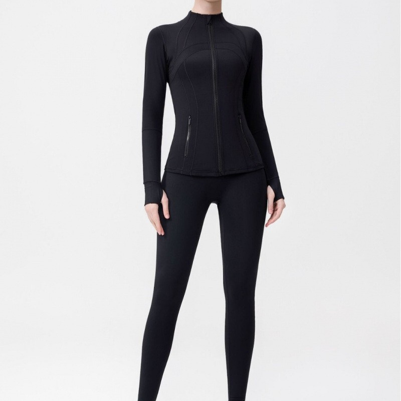 Lulu Original Label Suit Df Stand Collar Jacket Nine-Point Pants Yoga Long-Sleeved Women's Tight Elastic Fitness Running Sports