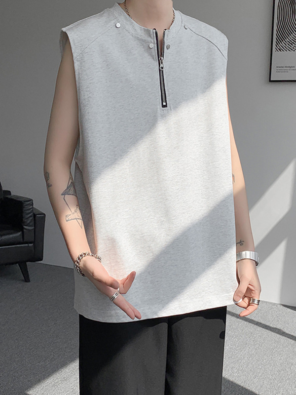 Half-Zip Rivet Sleeveless T-Shirt Men's Summer Trendy American High Street Clothing Loose Heavyweight Sports Vest