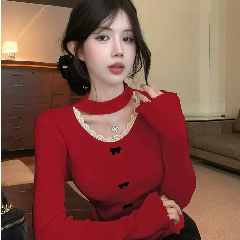 小香风蝴蝶结圣诞毛衣女春季高级感挂脖上衣半高领蕾丝打底衫内搭