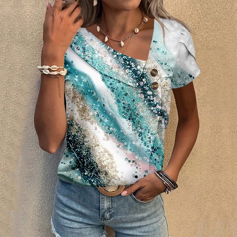 Cross-border Amazon Independent Station Summer New Women's Clothing European and American Fashion 3D Printed V-Neck Button Short-sleeved T-shirt Top