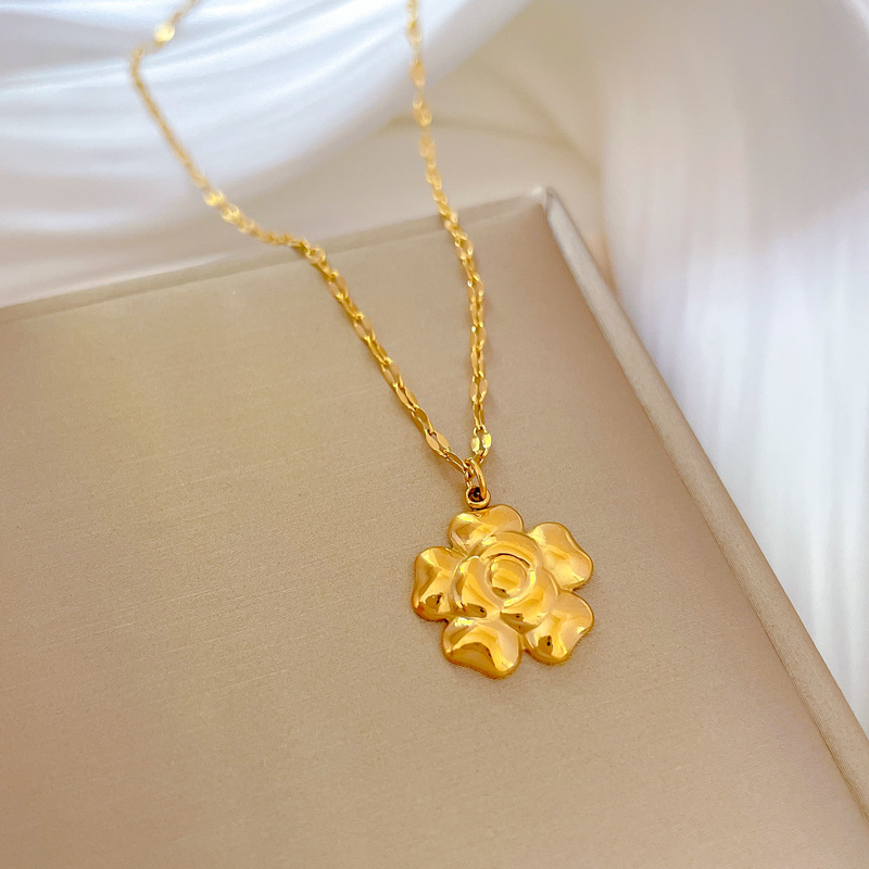 Lady Flower Titanium Steel Gold Plated Pendant Necklace
