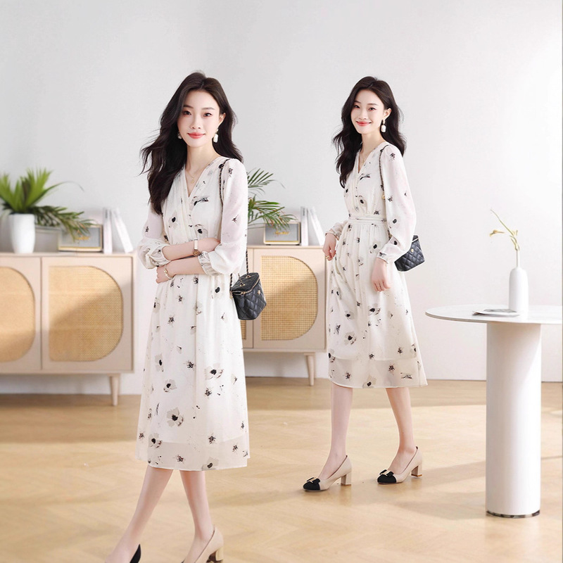 Real Shot of Long-Sleeved Floral Skirt Dress for Women Spring Chiffon Waist Slimming Look Mid-Length A-Line Skirt