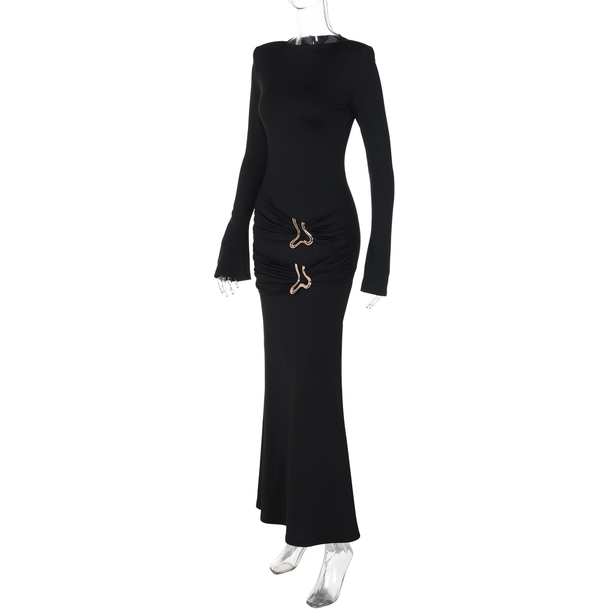 Women Clothing Autumn round Neck Slim Pleated Long Sleeve Dress Women