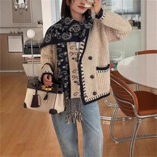 博主明星同款法式小众24秋冬新双排扣外套复古撞色青果领毛衣开衫