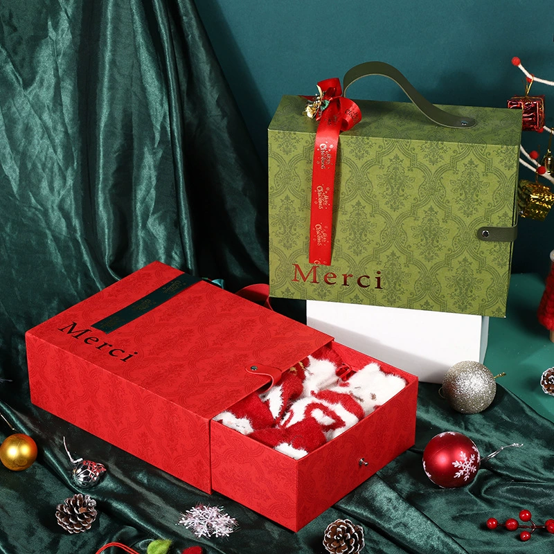 Рождественская портативная коробка зеленый винтажный бант Подарочная коробка красная Выдвижная Подарочная коробка шарф носки упаковочная коробка