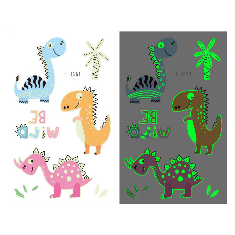 Suministro transfronterizo nuevo dinosaurio luminoso tatuaje pegatinas niños dibujos animados diversión pegatinas luminosas pegatinas temporales del tatuaje