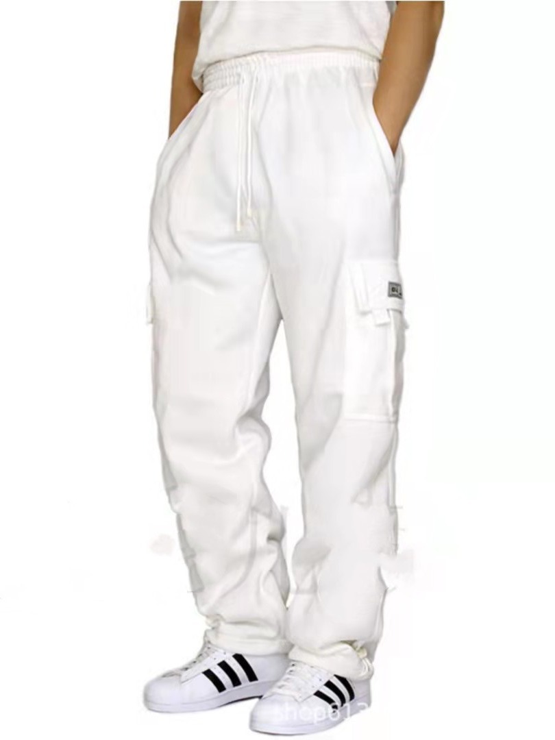 Nuevos pantalones casuales deportivos de moda transfronterizos pantalones sueltos de encaje multibolsillos con forro polar para hombres