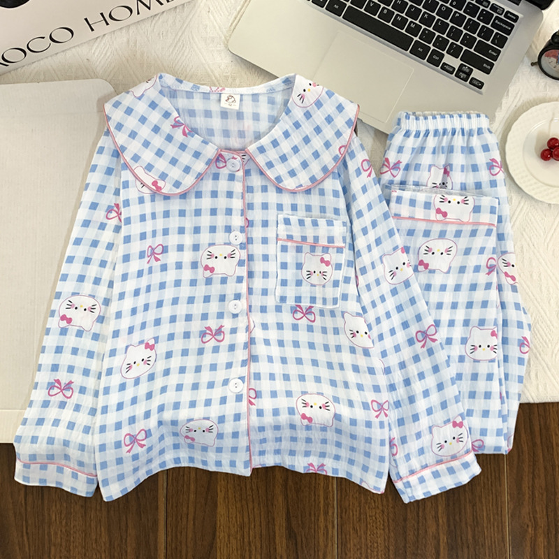 2025新款儿童睡衣春秋季女童娃娃领长袖黄色格kt猫女孩公主家居服|undefined