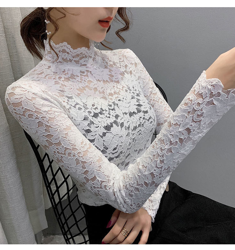 Haut col montant en dentelle transparente – Chemisier élégant à découpes florales et manches pétales (M-XXL, blanc/noir/nude, polyvalent du bureau au dîner)_voghion.com