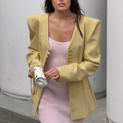 春秋季欧美跨境通勤女装小众设计感挺阔v领盘扣收腰小西装外套女
