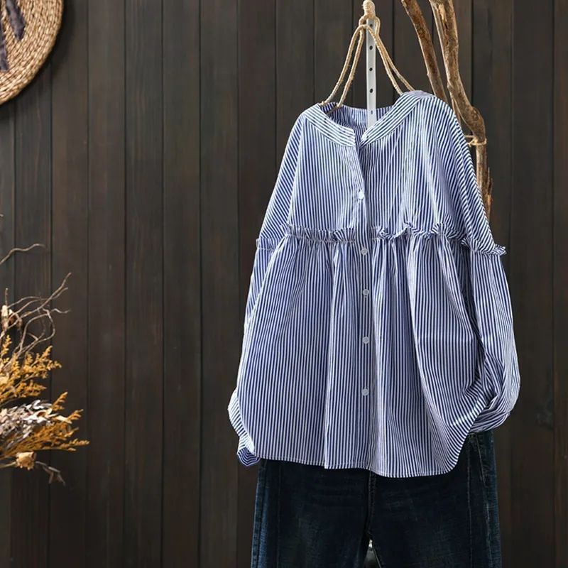 Blue Striped Chiffon Shirt for Women, Three-Quarter Sleeve, Summer New Style, Ruffled, Loose, Slimming Top, Base Shirt, Blouse