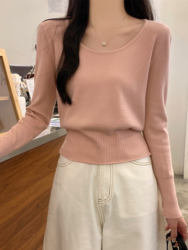 法式早秋低领露锁骨安迪绒针织打底衫女秋冬修身毛衣内搭长袖上衣|undefined