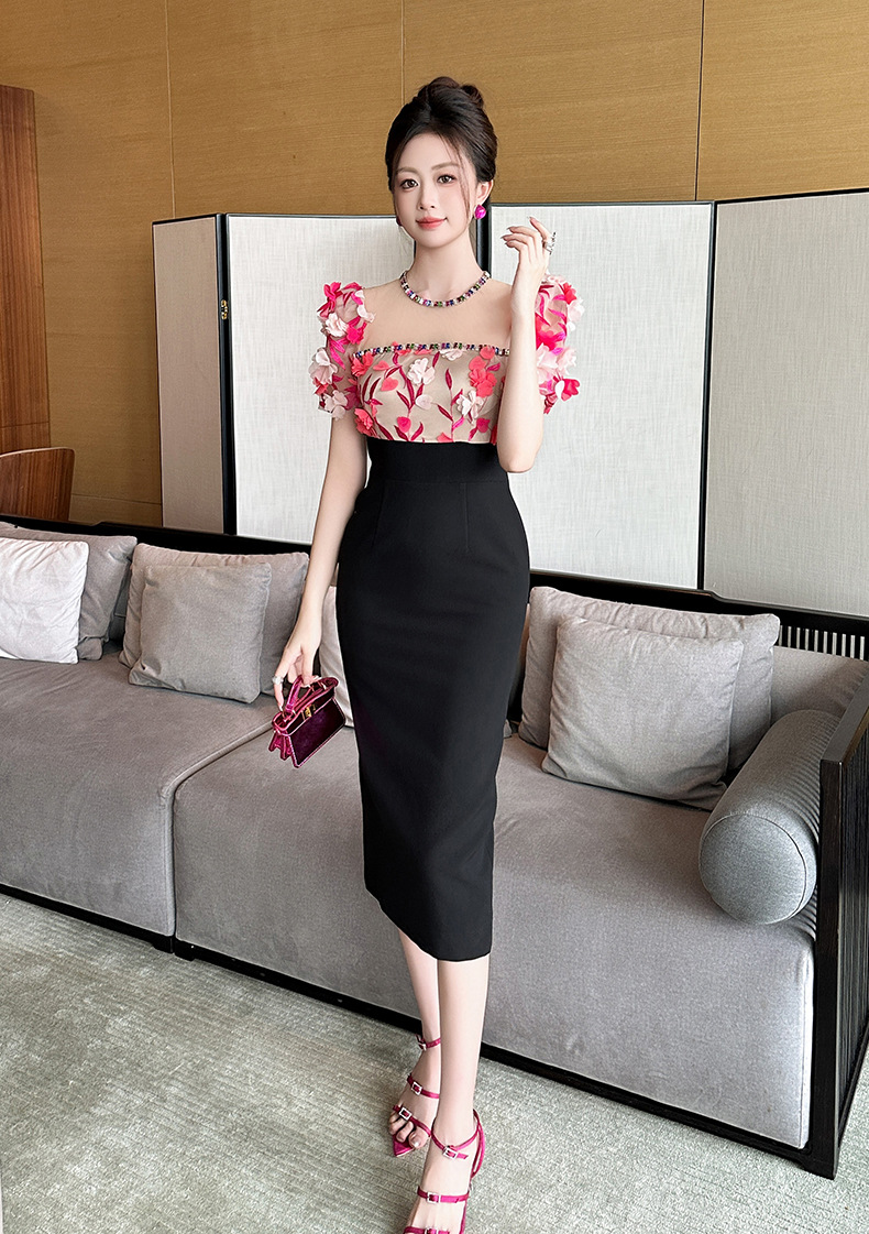 Váy liền nữ tay ngắn thắt eo cổ vuông kiểu Pháp phong cách Hepburn ôm hông — Màu đen chi tiết 5