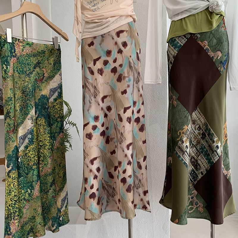 Kekezoon Satin Oil Painting A-Line Skirt for Women, Summer Flared Mermaid Skirt, Slimming Mid-Length Printed Skirt 7923 Kekezoon Satin Oil Painting A-Line Skirt for Women, Summer Flared Mermaid Skirt, Slimming Mid-Length Printed Skirt 7923
