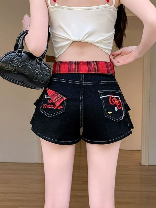 Hello Kitty, denim skirt, shorts, summer trousers, American style, with embroidery, hip-accented