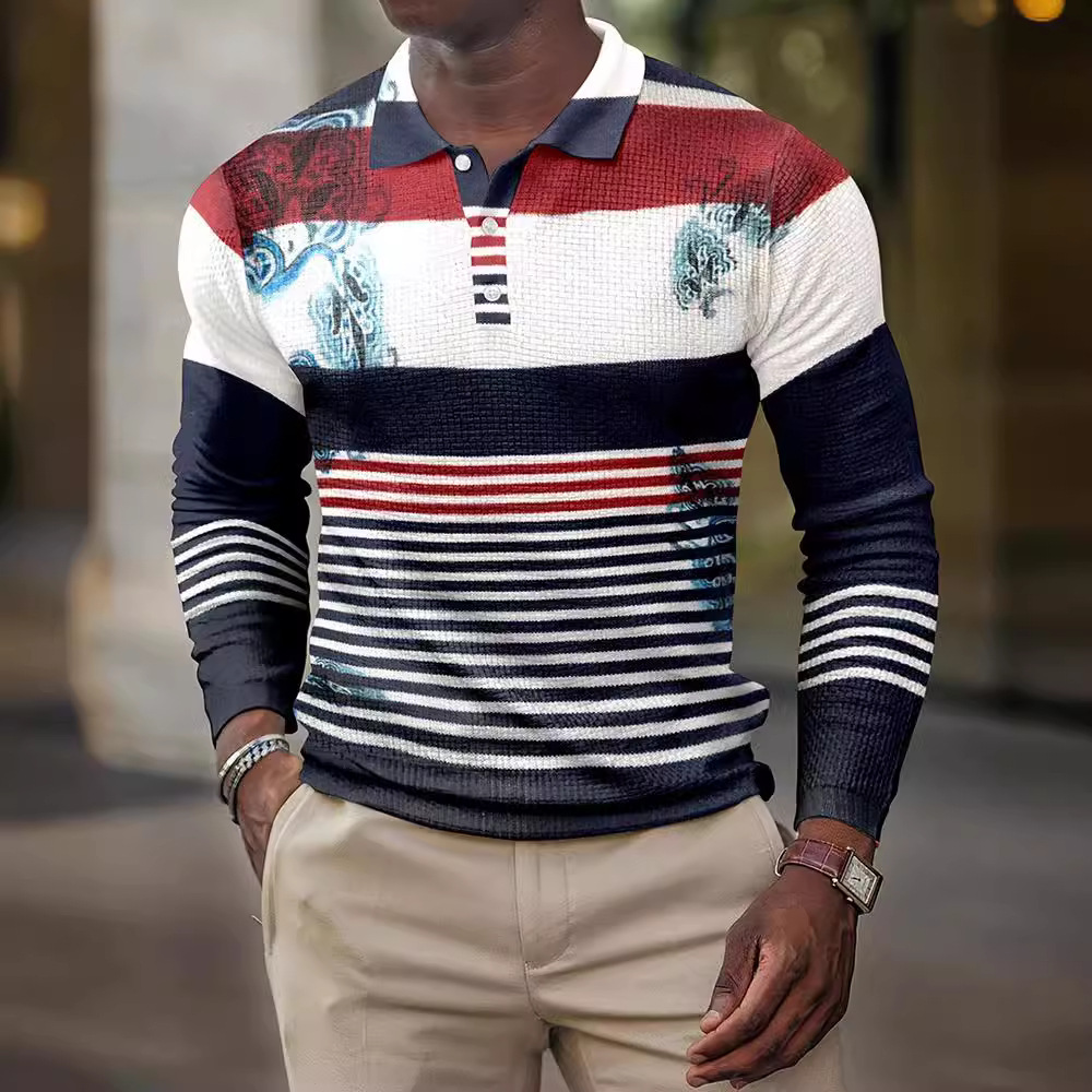 Comercio exterior transfronterizo primavera nuevos hombres Europa y América impresión 3D casual retro manga larga polo hombre Paul camisa