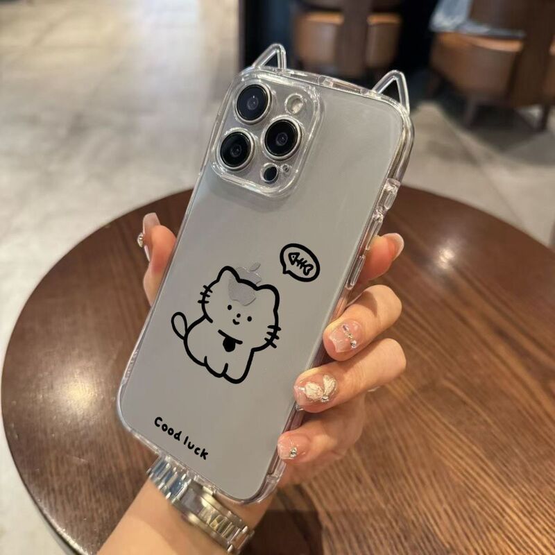 Simple Line Art Kitten Suitable for Apple 17 Cat Ear Air Phone Case Ip16/15 Cute 14 Transparent 13 Soft Case