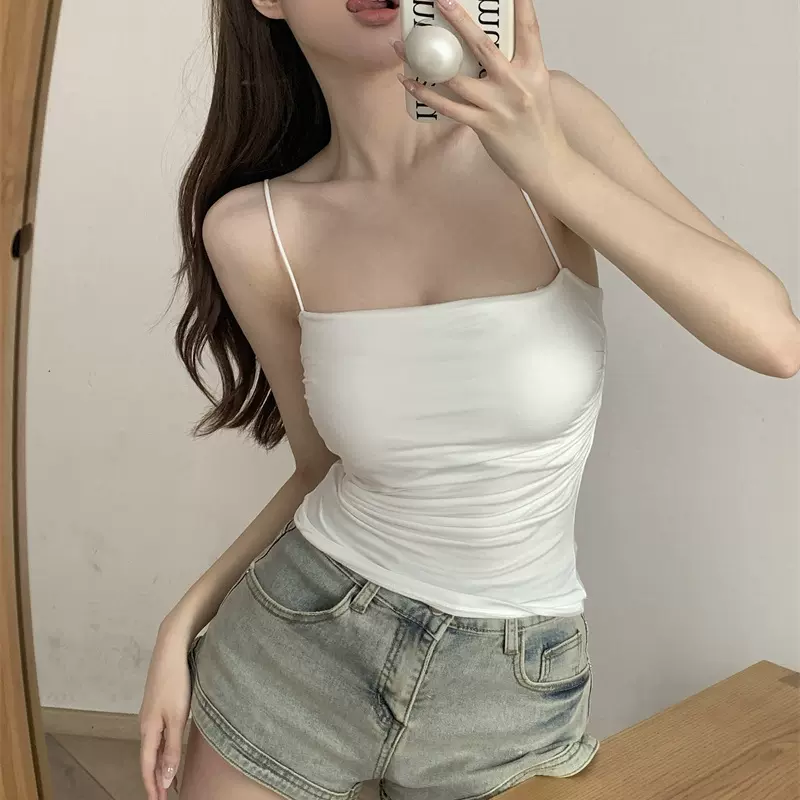 百褶吊带背心带胸垫抹胸式美背性感一体式辣妹无钢圈内搭打底上衣