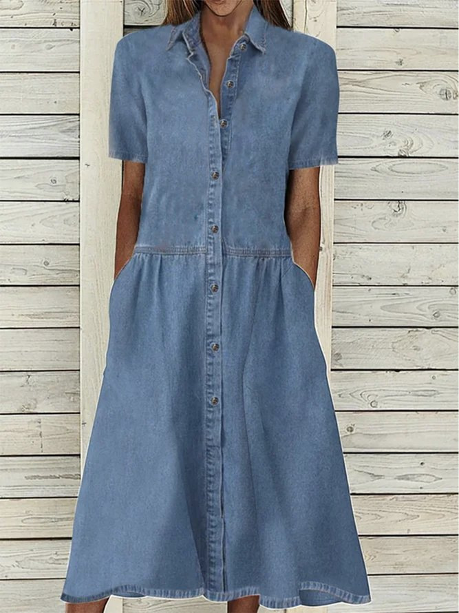 Women's Denim Dress Simple Style Turndown Short Sleeve Solid Color Midi Dress Daily Street display picture 1