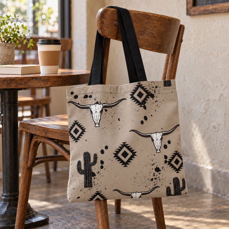 Western Longhorn Skull Cactus Aztec Geometric Print Tote Bag, Bohemian Southwest Desert Western Longhorn Skull Cactus Aztec Geometric Print Tote Bag, Bohemian Southwest Desert
