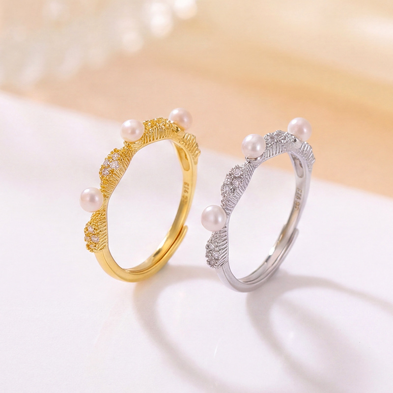 Nhẫn bạc S925 đính ngọc trai nước ngọt tự nhiên, kiểu dáng mở điều chỉnh được — Bạc