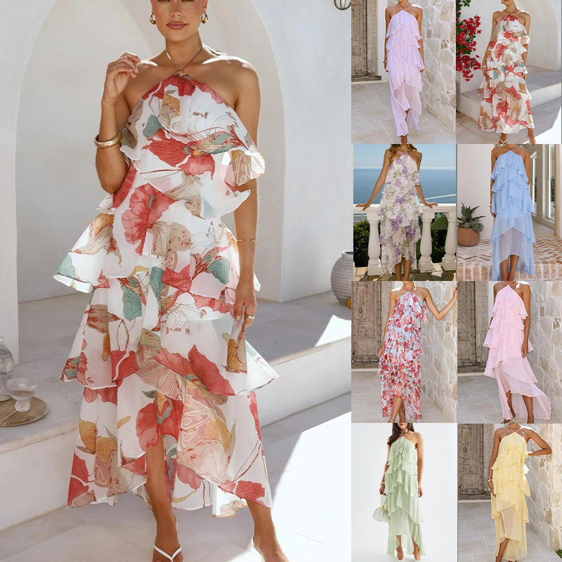 Cross-Border 2026 New Off-Shoulder European and American Fashion Chiffon Printed Fairy Long Elegant Evening Dress