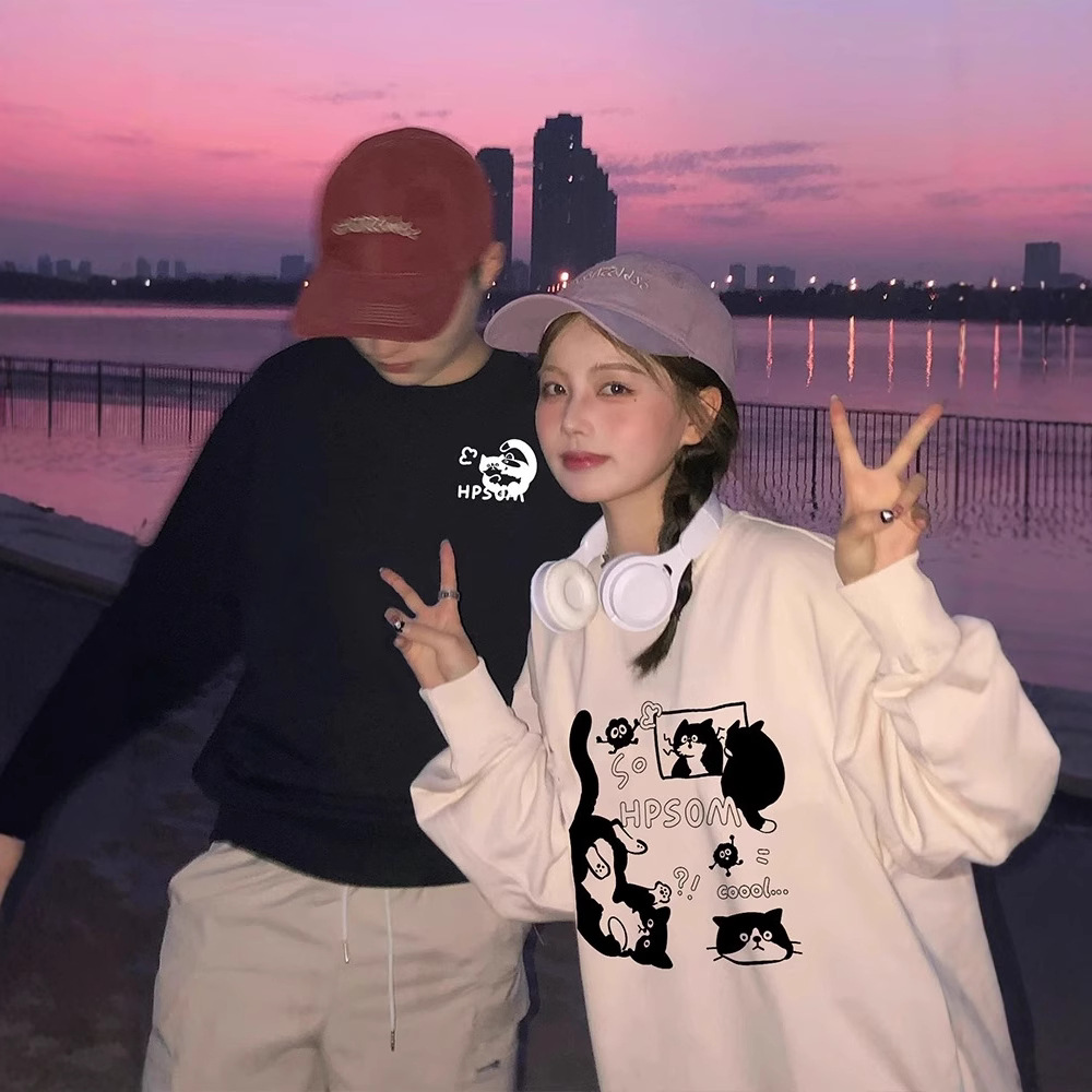 크루 넥 멜란지 그레이 고양이 기모 두꺼운 땀 여성의 가을과 겨울 느슨한 게으른 스타일 코튼 무거운 폭발성 탑