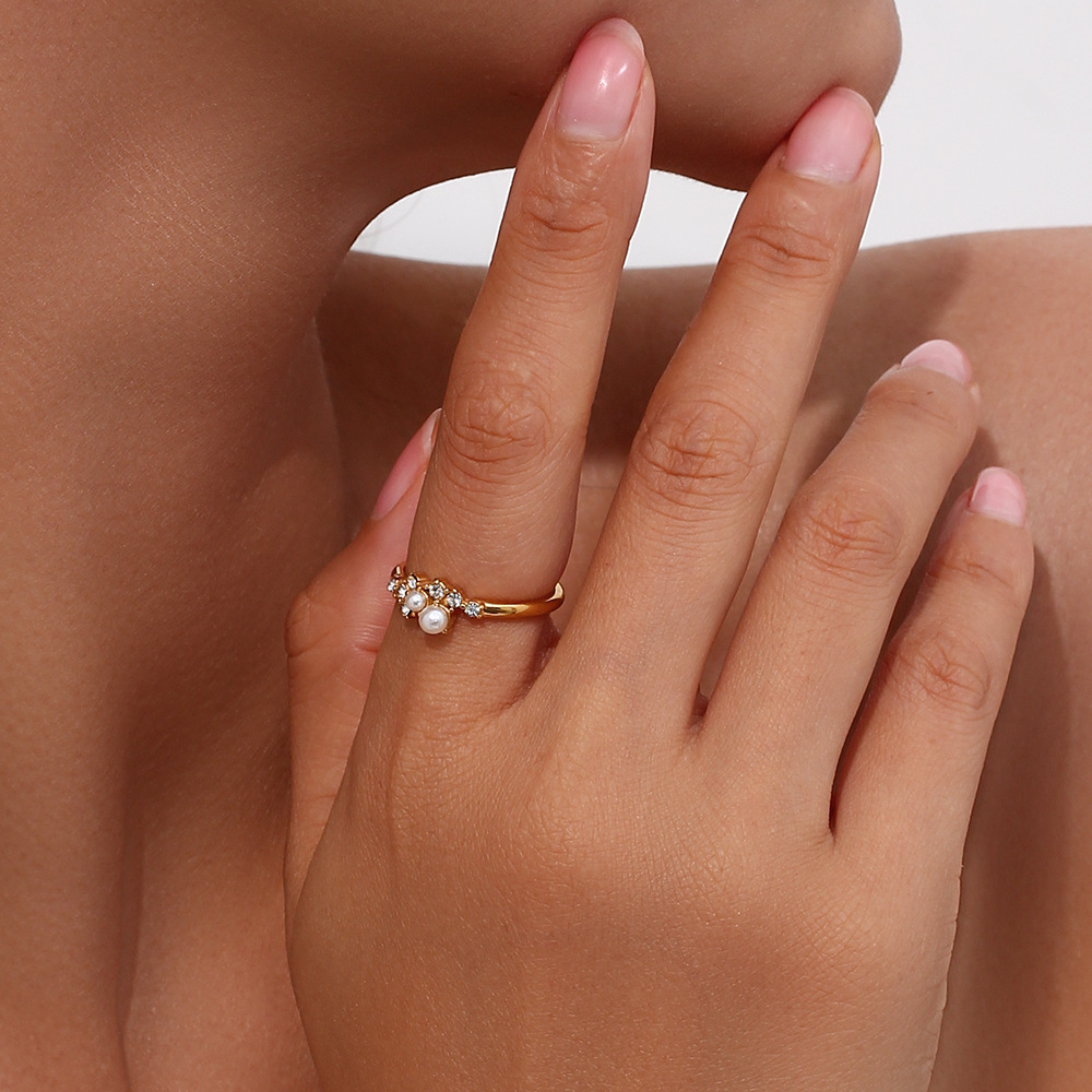 Fashion Geometric Stainless Steel Inlay Artificial Pearls Zircon Open Ring 1 Piece