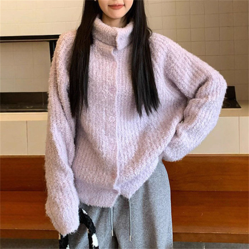 软糯复古紫色高领毛衣外套女秋冬新款慵懒风宽松气质针织开衫上衣|undefined