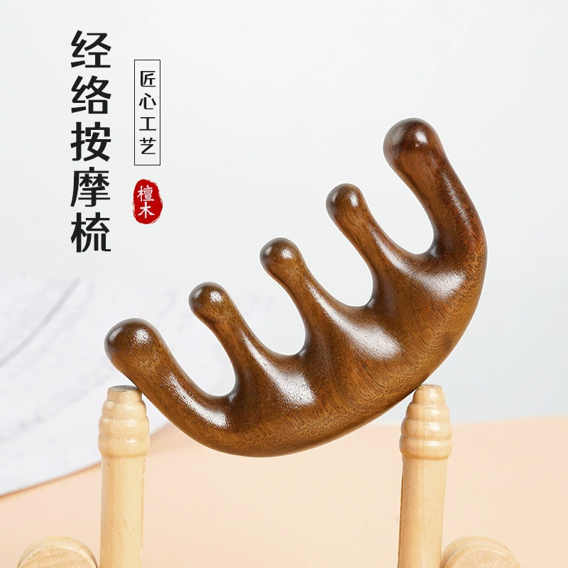 Оптовая продажа натуральных расчесок из сандалового дерева, массажная расческа для пяти пальцев, массажер для головы, лица и шеи из сандалового дерева для ухода за волосами.