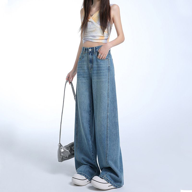 2025 Spring Design Sense Machete Wide Leg Jeans Women's Loose Fashion All-match High Waist Straight Pants Retro Slimming