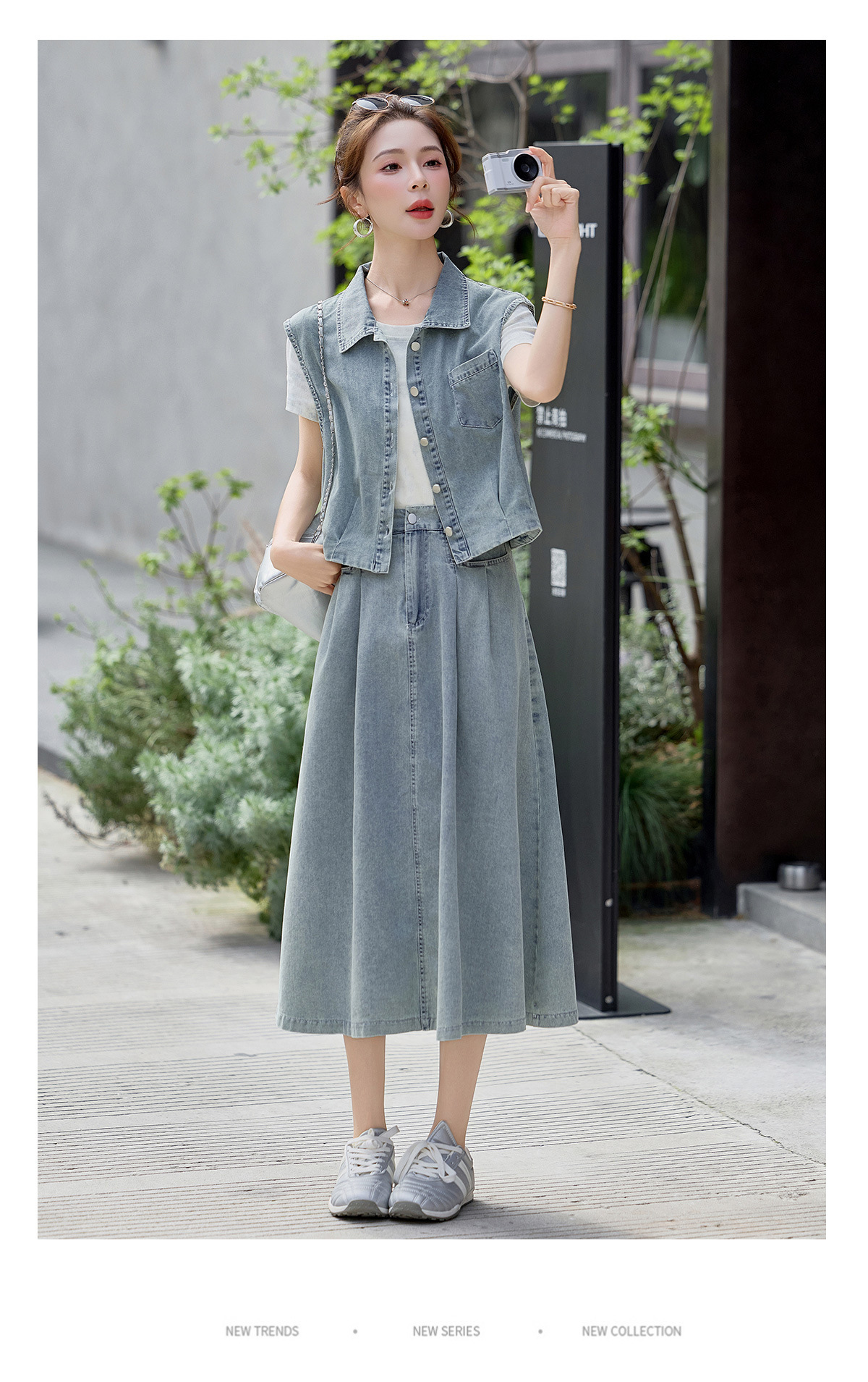 Bộ ba món thời trang nữ hè 2026: áo thun + áo khoác vest denim + chân váy midi — màu xanh nhạt, màu xanh đậm chi tiết 16