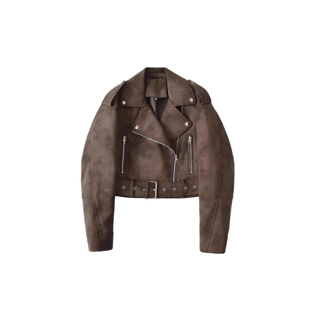 2025 Autumn New European and American Cross-Border Women's Street Fashion Suede Faux Leather Motorcycle Jacket Short Coat for Women