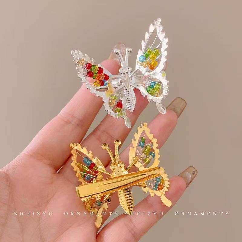 8090怀旧童年的回忆彩珠镂空蝴蝶发夹会动的儿童头饰班级礼品地摊