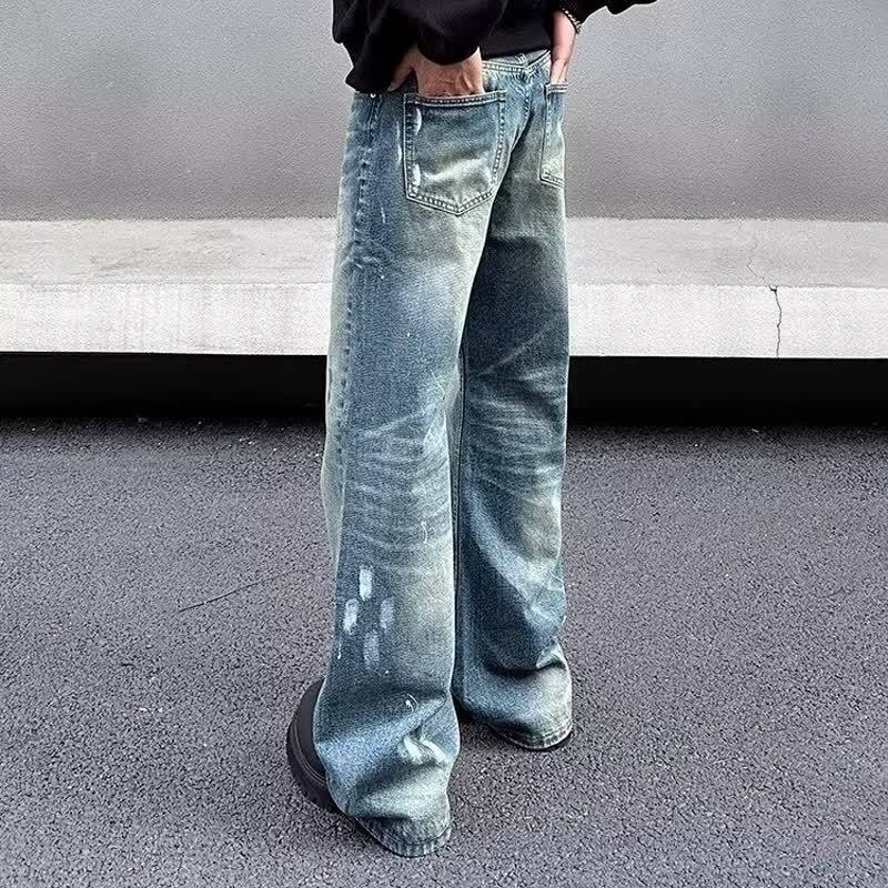 Unisex Trendy Loose Straight Leg Jeans American Retro Cleanfit Splatter Paint Casual Floor Length Wide Leg Pants_mkmklike.com