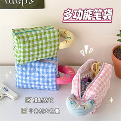 小清新多功能格子化妝包刺繡手提包化妝品收納包女學生手提筆袋