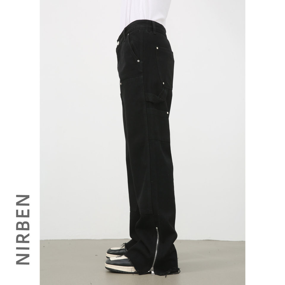 Quần jean nam ống suông phối khóa kéo phong cách Hàn, quần dài denim mềm mại — Màu đen