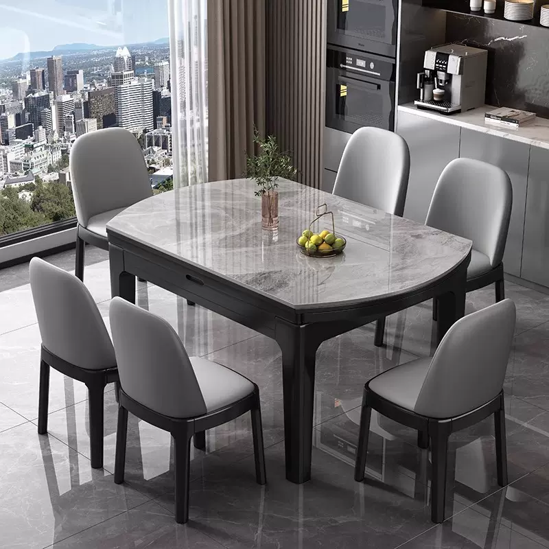 餐桌家用现代简约轻奢小户型岩板饭桌实木伸缩折叠两用圆桌椅组合