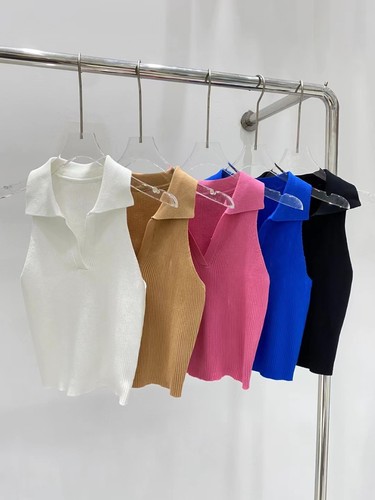 French-style temperament black slimming innerwear polo collar ice silk vest for women summer V-neck sleeveless knitted top