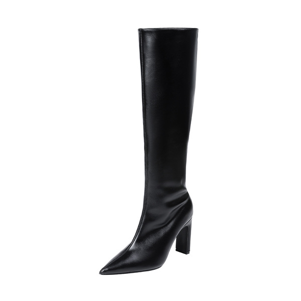 Demi-season black retro high boots pointed-toe