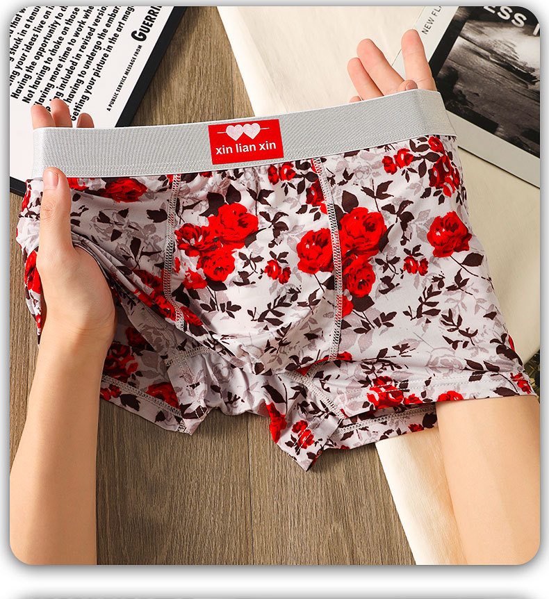 Men's Boxer Briefs Ice Silk Mid Waist Trendy Rose Print Trunks_voghion.com