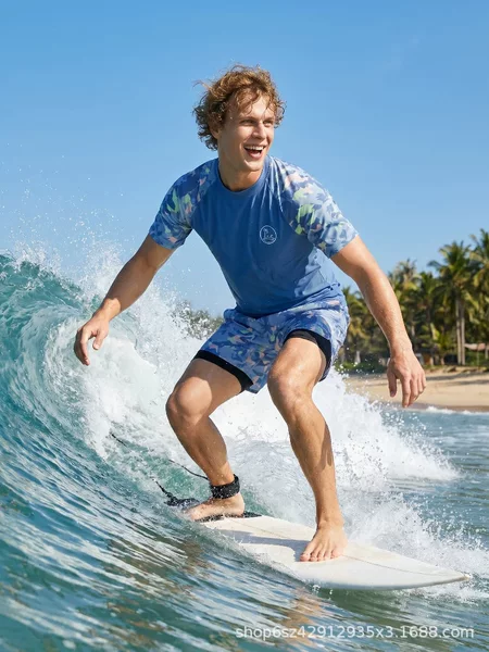 Men's Sun Protection Surfing Suit Short-Sleeved Two-Piece Set High-Elastic Quick-Drying Double-Layer Swimming Trunks Beach Short-Sleeved Shorts Swimsuit